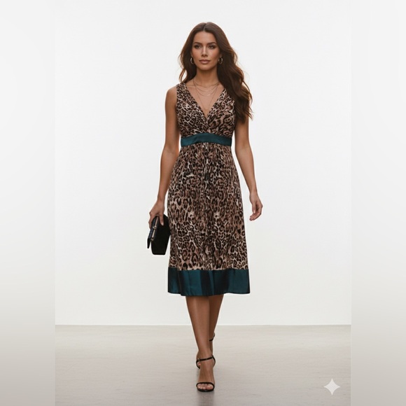 B. Smart Dresses & Skirts - B. Smart Leopard Print Midi Dress with Teal Highlights